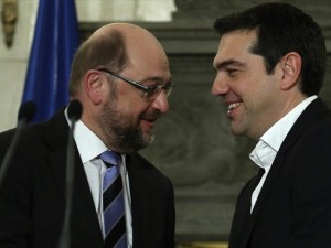 Den græske premierminister Tsipras holdt foredrag <br>for EU-parlamentets præsident Schultz om barbarisk, <br>uetisk, økonomisk politik i EU