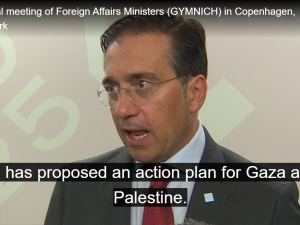 Spaniens handlingsplan for Gaza foreslået i EU. <br>Den spanske udenrigsministers udtalelse i København.